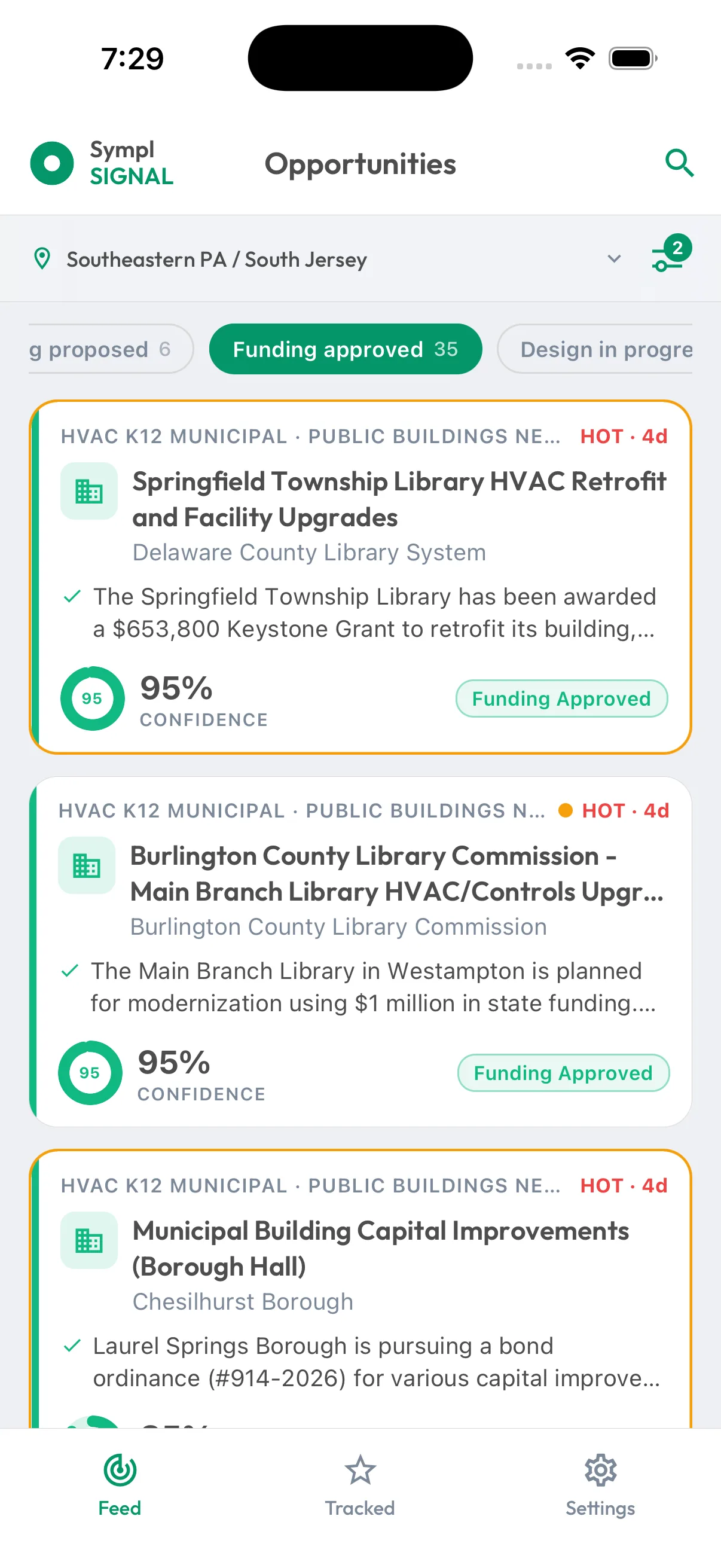 Sympl Signal mobile — the Opportunities feed, stage-classified public projects with confidence scores