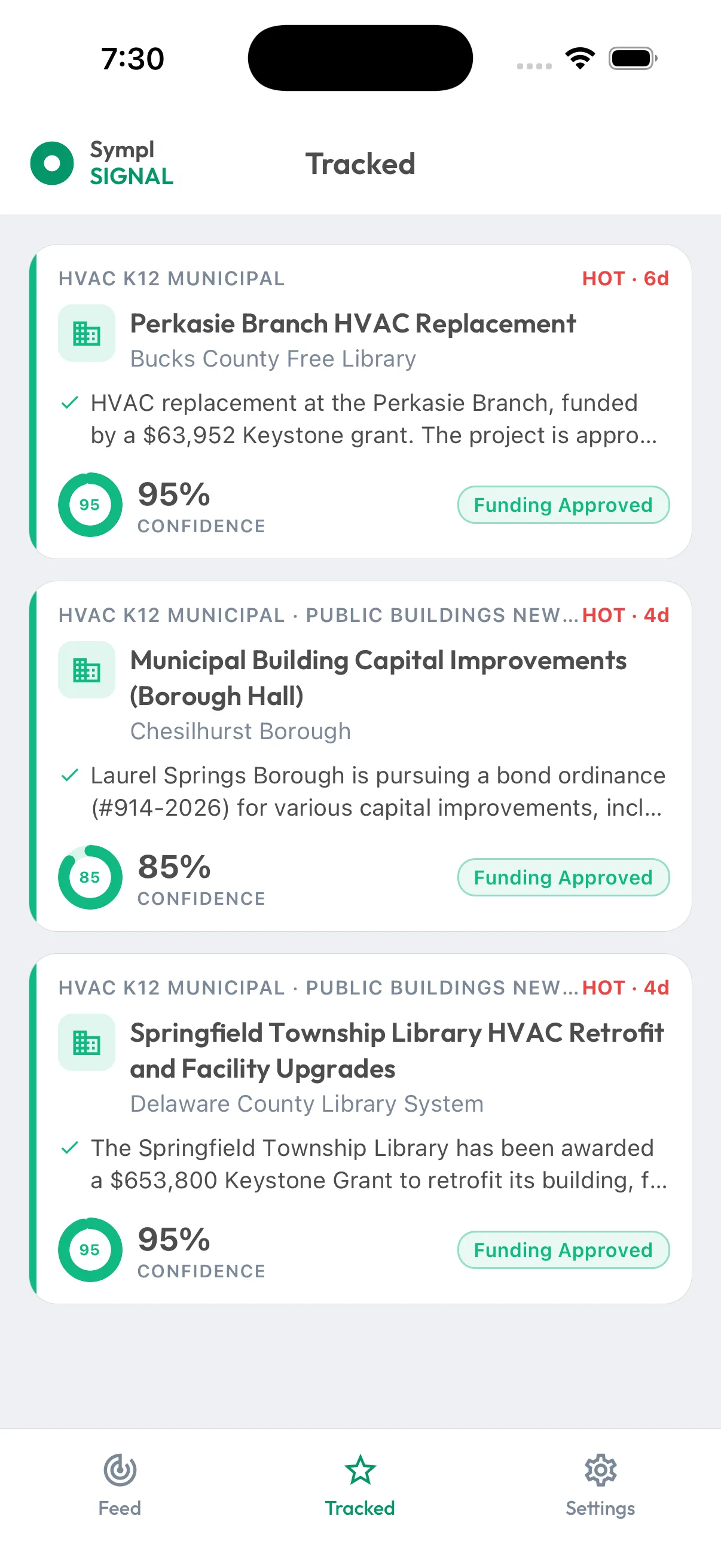 Sympl Signal mobile — the Tracked list of pursued opportunities