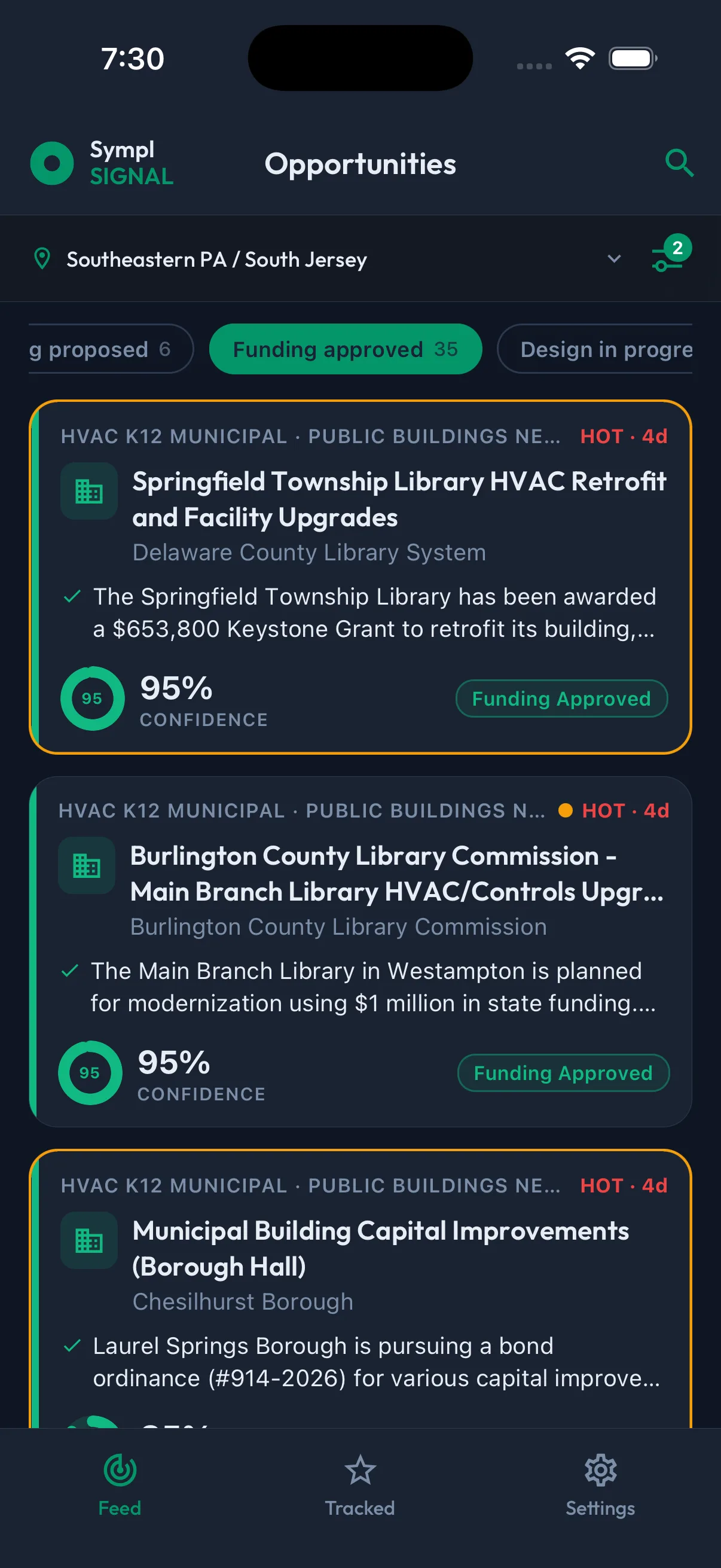 Sympl Signal mobile in dark mode — the Opportunities feed