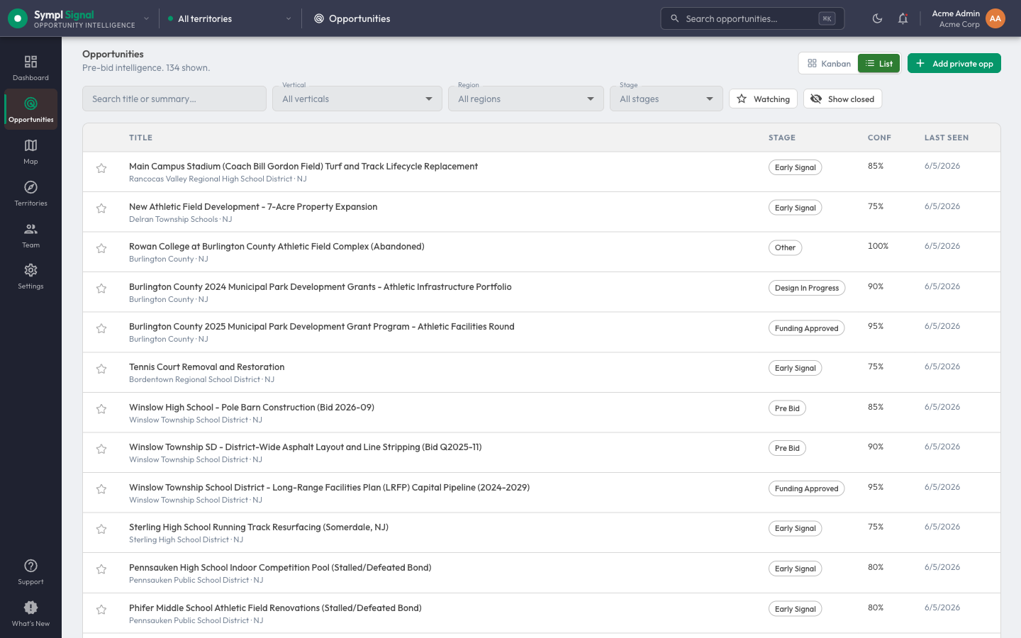 The Sympl Signal opportunities list — stage-classified projects with value, funding, and timing