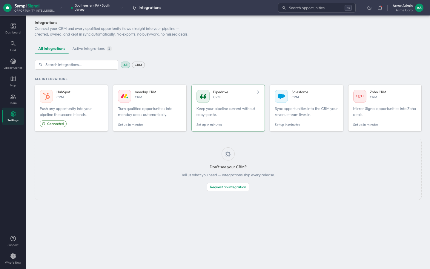 The Sympl Signal integrations marketplace — HubSpot, monday, Pipedrive, Salesforce, and Zoho CRM connectors